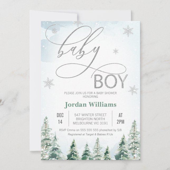 Winter Pine Trees Baby Boy Baby Shower Einladung (Vorderseite)