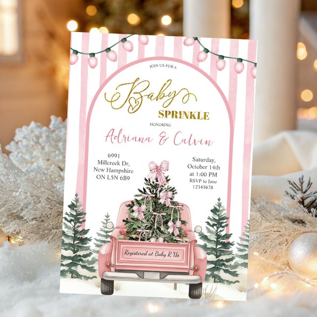 Winter Pine Trees Coquette Bow Pink Baby Sprinkle Einladung (Von Creator hochgeladen)