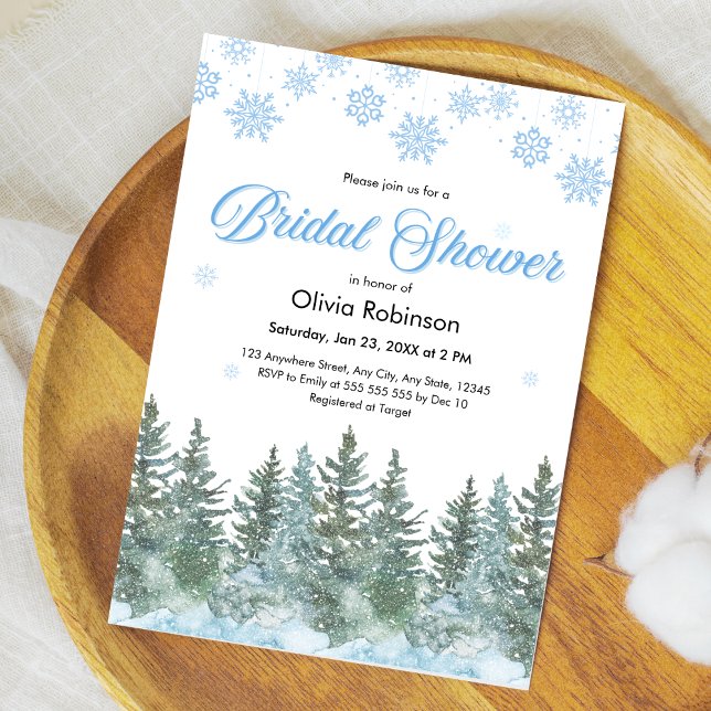 Winter Pine Trees Snowflakes Bridal Shower Einladung (Winter Pine Trees Snow in Love Snowflakes Bridal Shower Invitation )