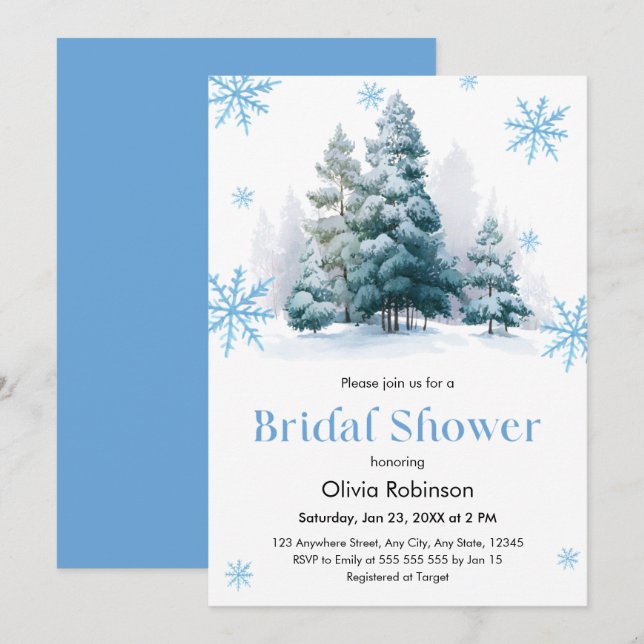 Winter Pine Trees Snowflakes Bridal Shower Einladung (Vorne/Hinten)
