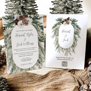 Winter Pine White Floral Wedding mit QR Code UAWG Einladung