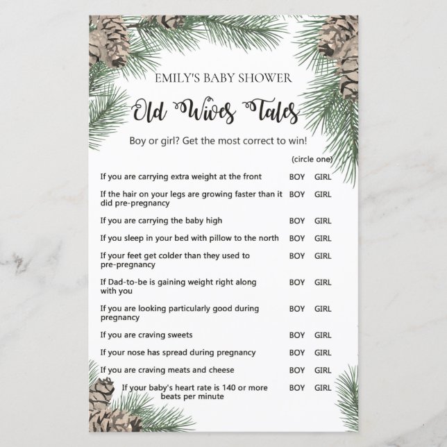 Winter Pinecone Baby Shower Game mit Antwort (Vorderseite)