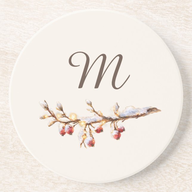 Winter Pinecone & Berry  Monogram Getränkeuntersetzer (Vorne)