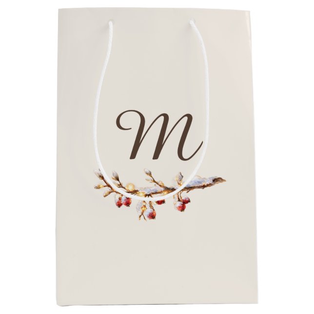 Winter Pinecone & Berry  Monogram Mittlere Geschenktüte (Vorderseite)