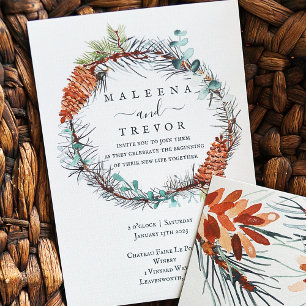 Winter Pinecone Wreath, Eukalyptus Wedding Einladung
