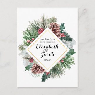 Winter Pinecones and Holly Save the Date Postkarte
