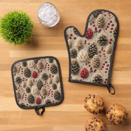 Winter Pinecones und Rote Berries Ofenhandschuh & Topflappen-Set