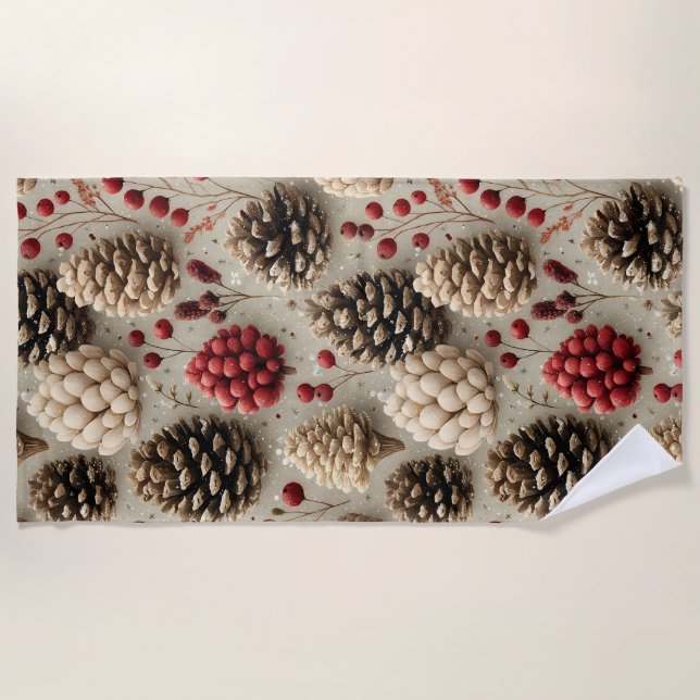 Winter Pinecones und Rote Berries Strandtuch (Vorderseite)