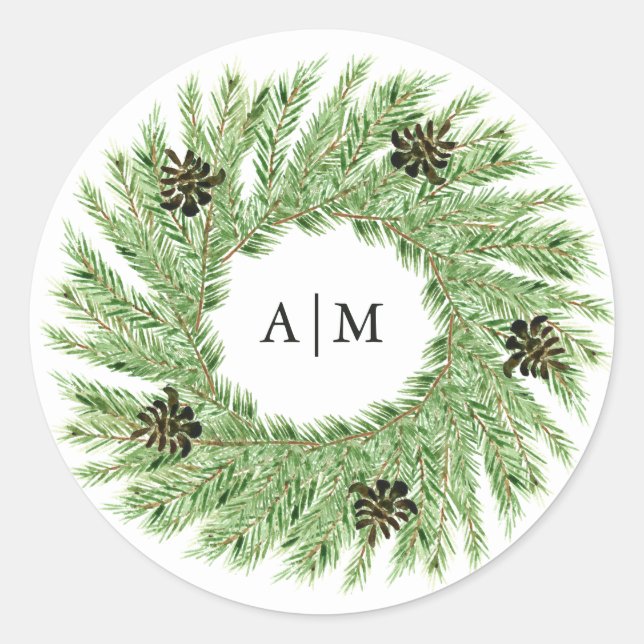 Winter Pines Wedding | Monogramm Runder Aufkleber (Vorderseite)