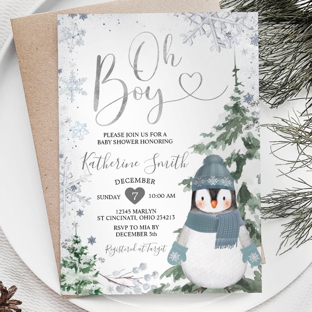 Winter Pinguin Baby Dusche Silberschneeflocken Einladung (Von Creator hochgeladen)