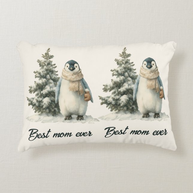 Winter-Pinguin „Beste Mutter überhaupt“ Design Dekokissen (Vorderseite)