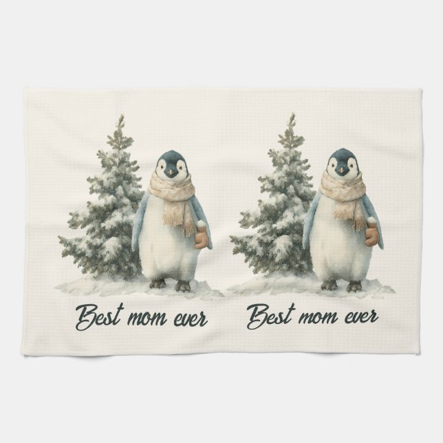 Winter-Pinguin „Beste Mutter überhaupt“ Design Geschirrtuch (Horizontal)