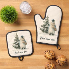 Winter-Pinguin „Beste Mutter überhaupt“ Design Ofenhandschuh & Topflappen-Set