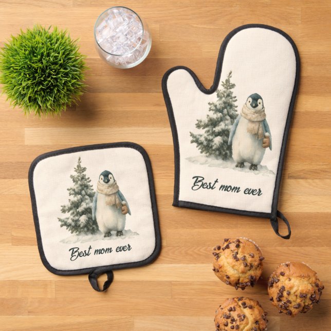 Winter-Pinguin „Beste Mutter überhaupt“ Design Ofenhandschuh & Topflappen-Set (Oben Unten)