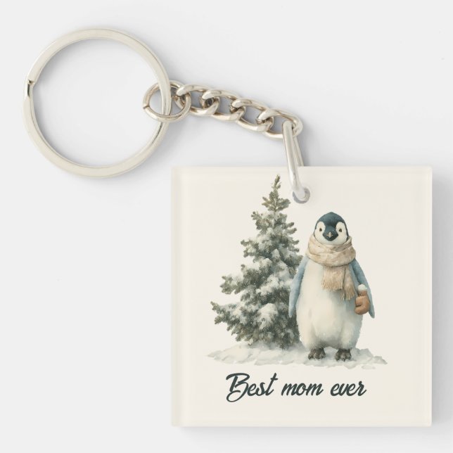 Winter-Pinguin „Beste Mutter überhaupt“ Design Schlüsselanhänger (Vorderseite)