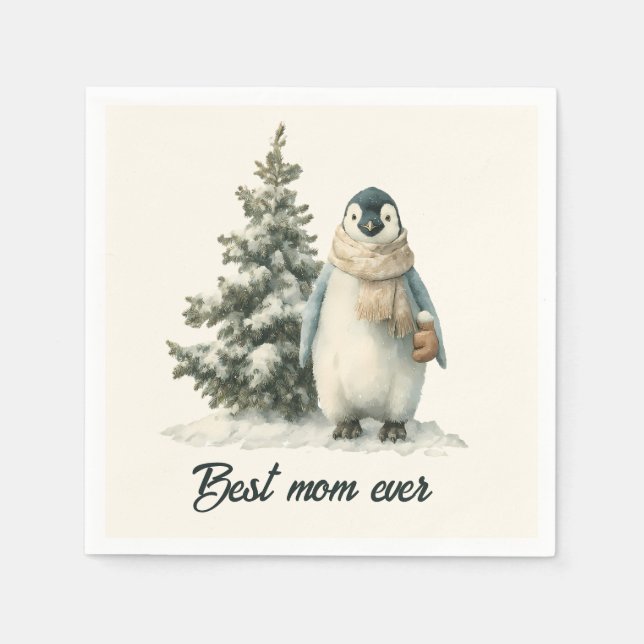 Winter-Pinguin „Beste Mutter überhaupt“ Design Serviette (Vorderseite)