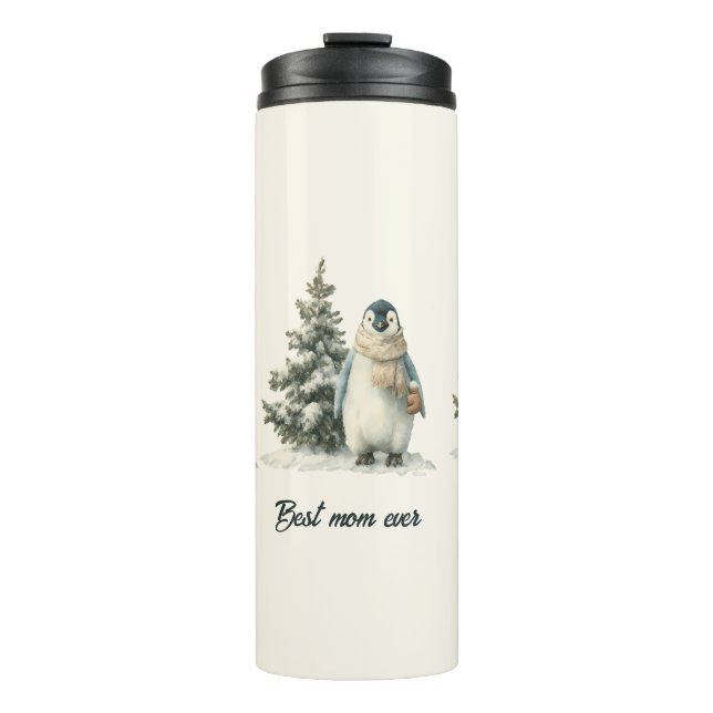 Winter-Pinguin „Beste Mutter überhaupt“ Design Thermosbecher (Vorderseite)