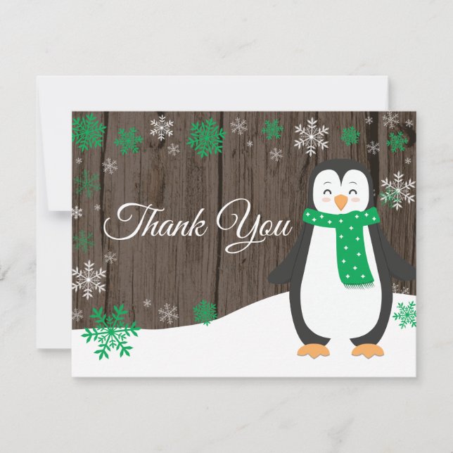 Winter Pinguin Green Snowflake Danke Karte (Vorderseite)