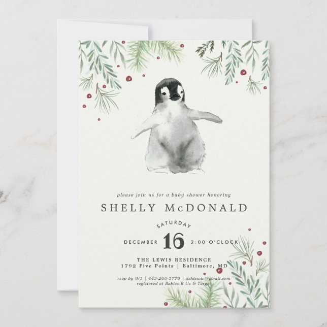 Winter Pinguin Kinderdusche Einladung (Vorderseite)