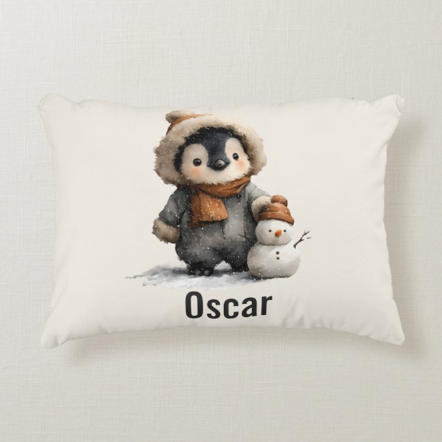 Winter-Pinguin mit Schneemann-Design Dekokissen (Vorderseite)