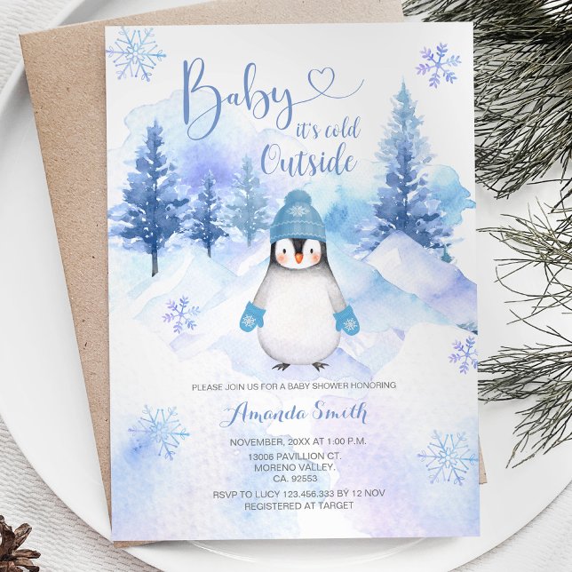 Winter Pinguin Snowflakes Silver Blue Baby Dusche Einladung (Von Creator hochgeladen)