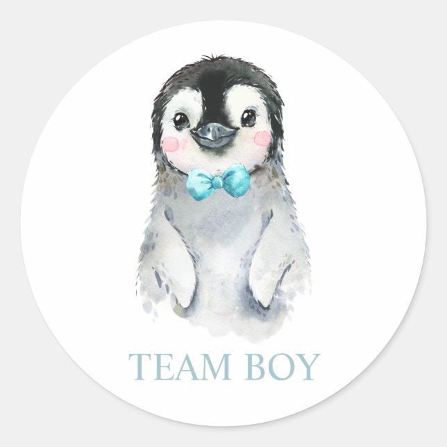 Winter Pinguin Team BOY Gender Reveal Game Label Runder Aufkleber (Vorderseite)