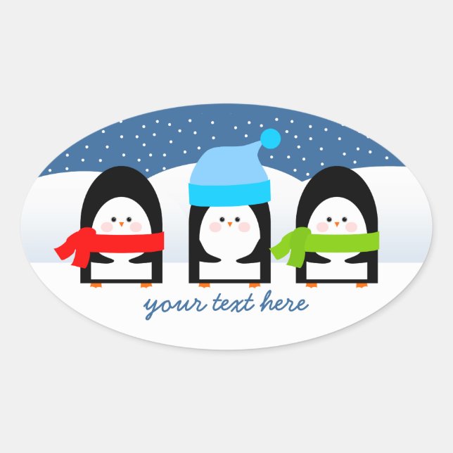 Winter Pinguin Trio Snowy Night Oval Sticker (Vorderseite)