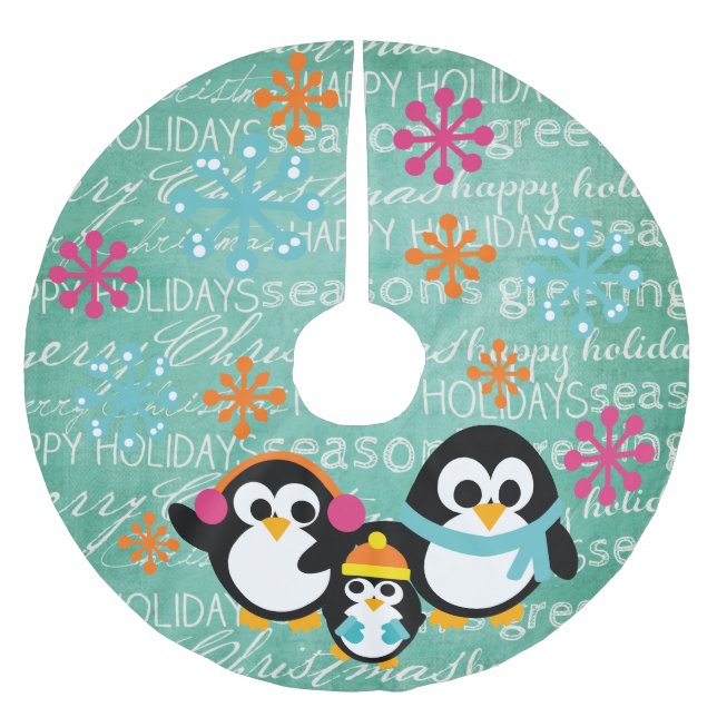 Winter Pinguine Happy Holidays Tree Skirt Polyester Weihnachtsbaumdecke (Vorderseite)