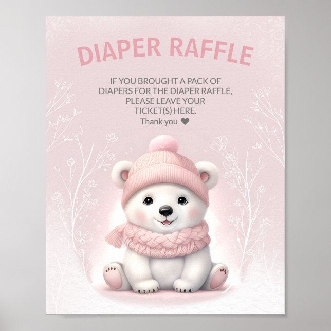 Winter Pink Baby Dusche Windeln Raffle Schild (Vorne)