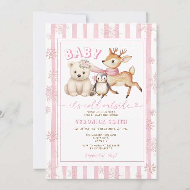 Winter Pink Baby It’s Cold Outside Baby Shower Einladung (Vorderseite)