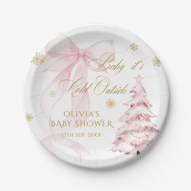 Winter Pink Bow Baby It's Cold Outside Baby Shower Pappteller (Vorderseite)