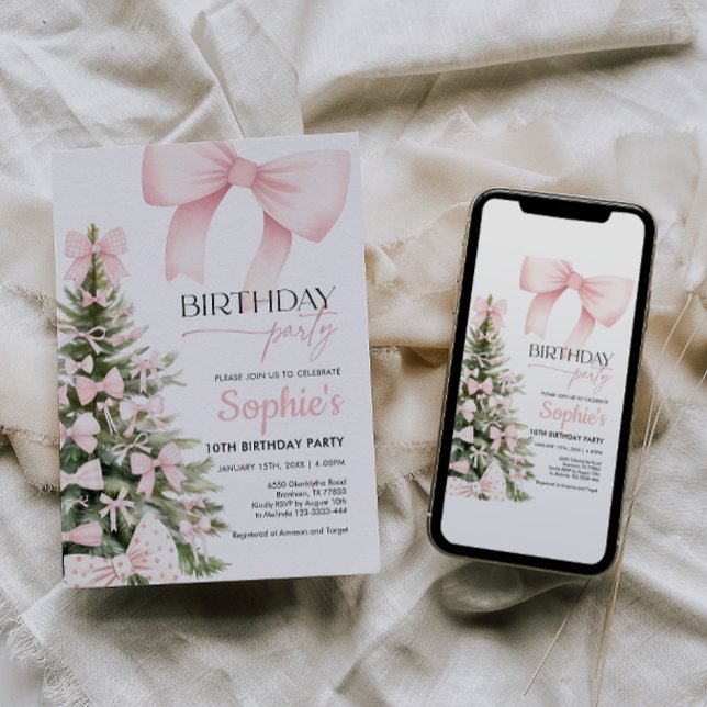 Winter Pink Bow Geburtstag Einladung (Von Creator hochgeladen)