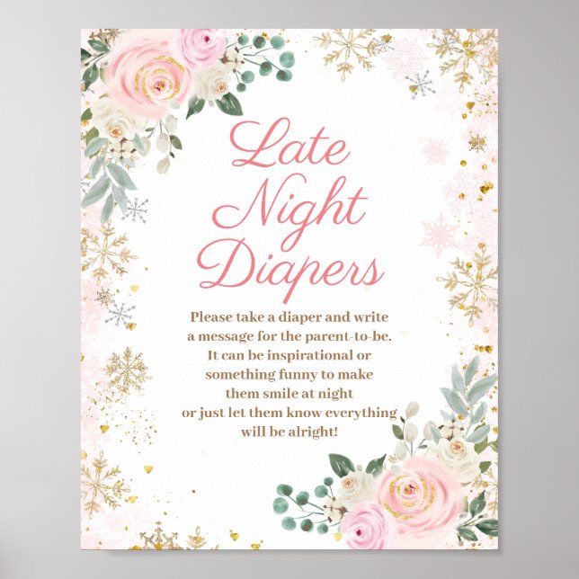 Winter Pink Floral Schneeflocke Späte Nacht Windel Poster (Vorne)