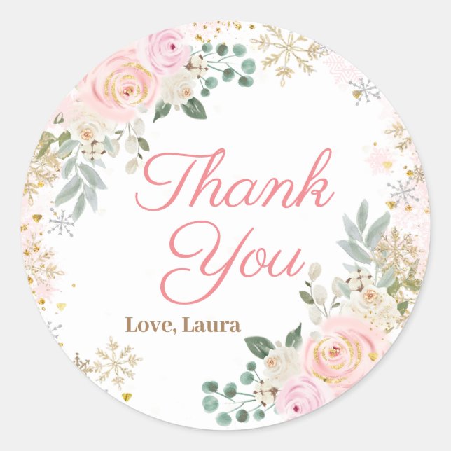 Winter Pink Floral Snowflake Babydusche Runder Aufkleber (Vorderseite)