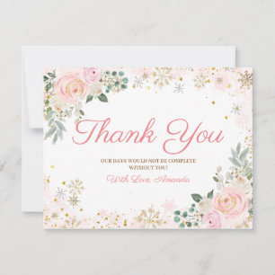 Winter Pink Floral Snowflakes Baby Dusche Dankeskarte