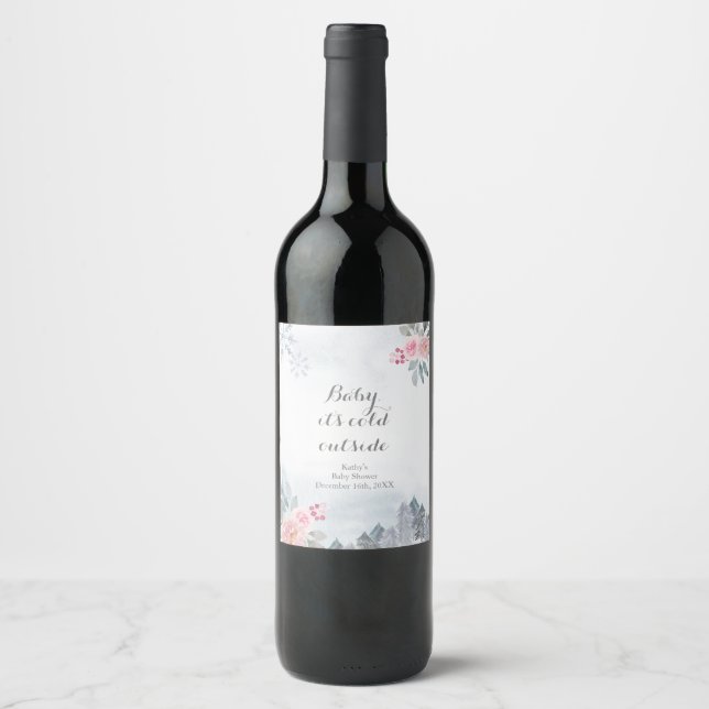 Winter Pink Floral Weihnachten Wein Flasche Etiket Weinetikett (Vorderseite)