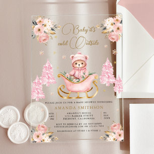 Winter Pink Gold Floral Teddy Bär Baby Shower Acryleinladungen