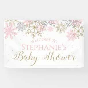 Winter Pink Gold Glitzer Snowflake Babydusche Banner
