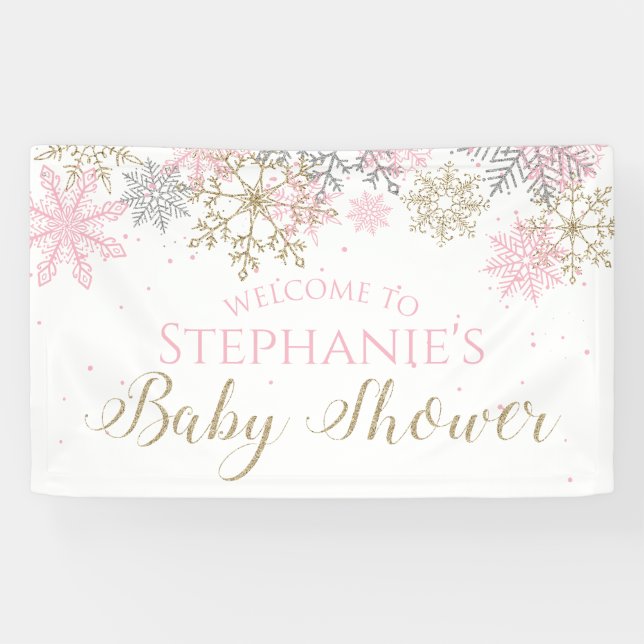 Winter Pink Gold Glitzer Snowflake Babydusche Banner (Horizontal)