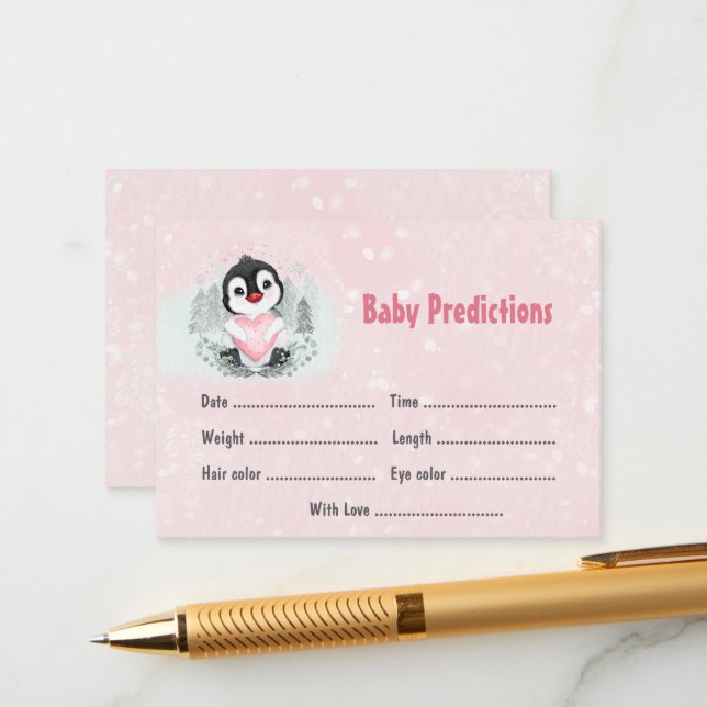 Winter Pink Pinguin Baby Shower Game Vorhersagen Begleitkarte (Vorderseite/Rückseite Beispiel)