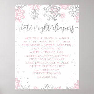 Winter Pink Silver Late Night Diapers Baby Dusche Poster