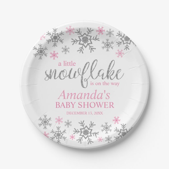 Winter Pink Snowflake Babydusche Pappteller (Vorderseite)