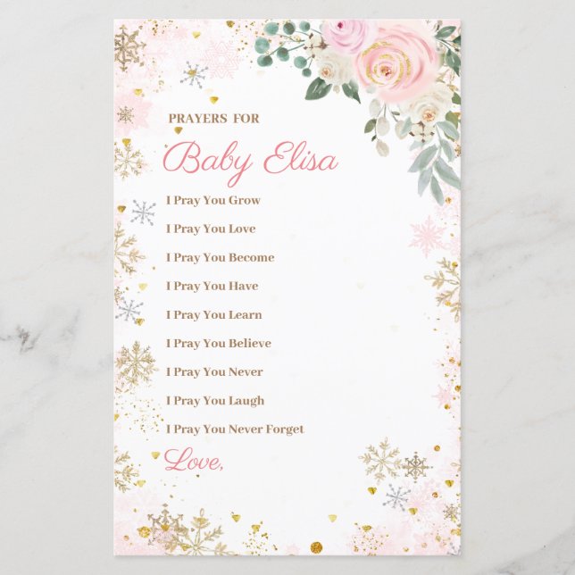 Winter Pink Snowflake Floral Gebete für Baby (Vorderseite)