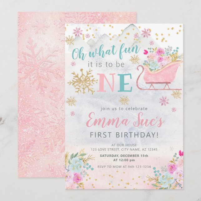 Winter Pink Snowflake Oh, was Spaß ersten Geburtst Einladung (Vorne/Hinten)