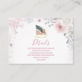 Winter Pink Snowflake Sleigh Baby Shower Details Begleitkarte