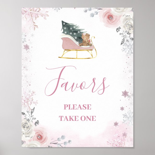 Winter Pink Snowflake Sleigh Baby Shower Favors Poster (Vorne)