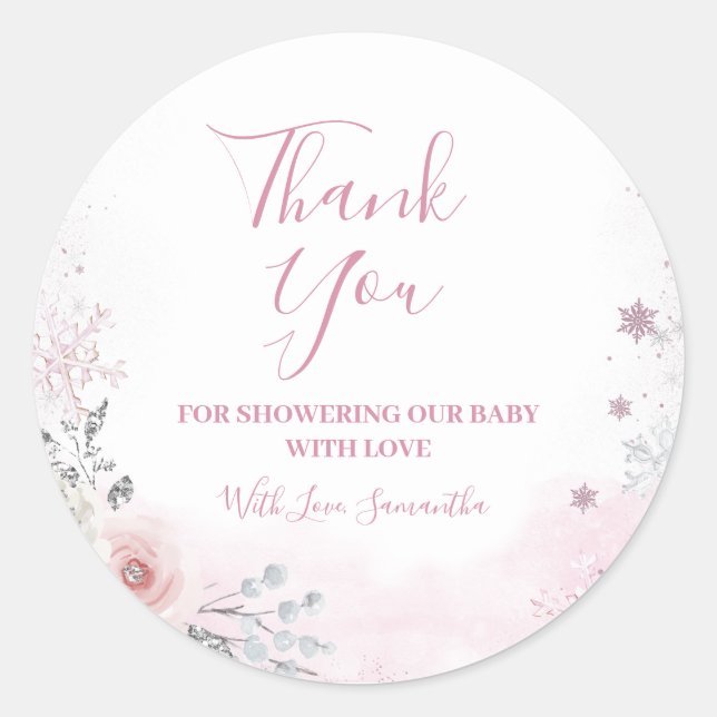 Winter Pink Snowflake Sleigh Baby Shower Thank You Runder Aufkleber (Vorderseite)