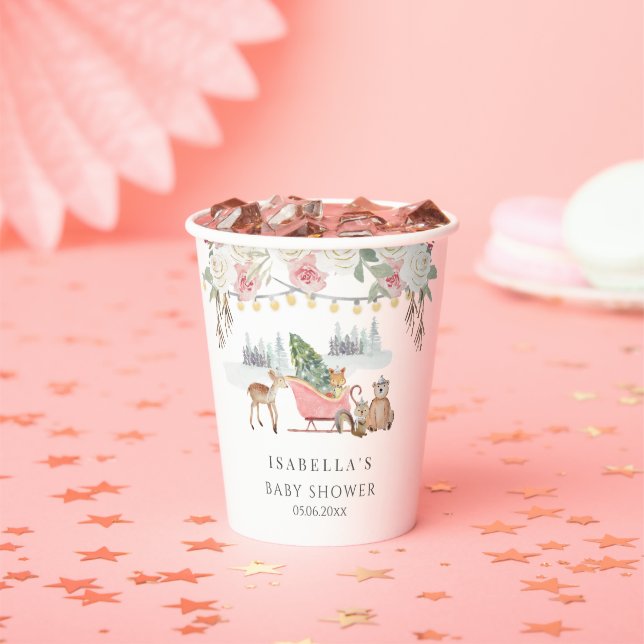 Winter Pink Woodland Animals Girl Baby Dusche Pappbecher (Insitu)
