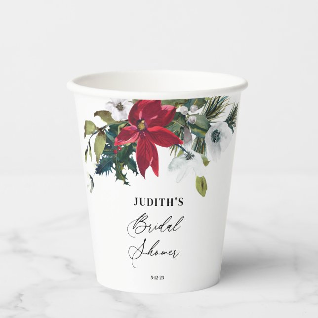 Winter Poinsettia Brautparty Pappbecher (Vorderseite)