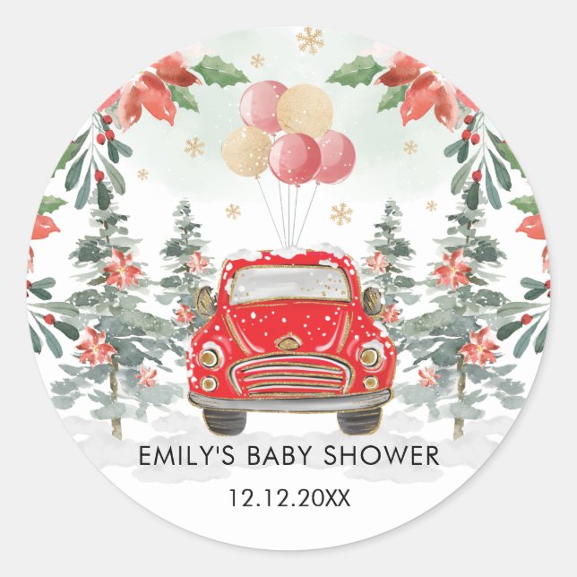 Winter Poinsettia Grüner Wagen mit Party Parade Runder Aufkleber (Vorderseite)